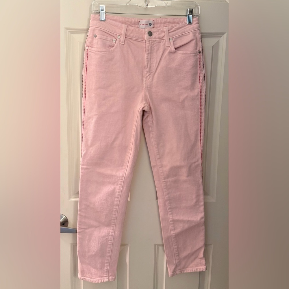 Sundry Stretch Cotton High Waist Straight Leg Jeans w/ Embroidered Details, Pink
